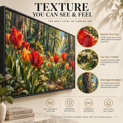 Scarlet Tulips in Sunlit Woodland Panoramic Canvas Art