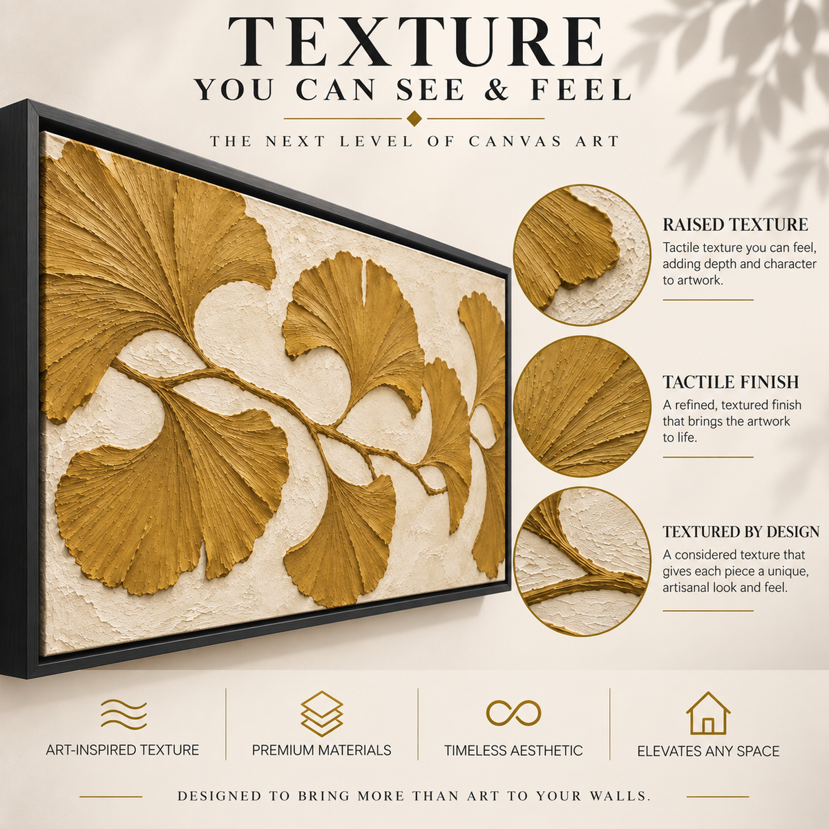 Golden Ginkgo Leaves Textured Botanical Canvas Art