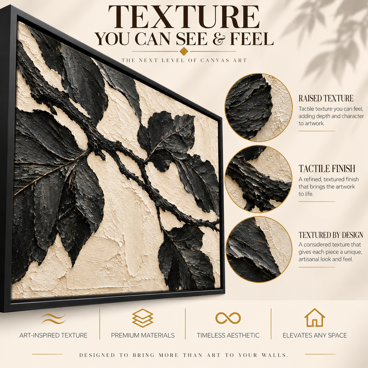 Black Botanical Branch Panoramic Textured Canvas Art