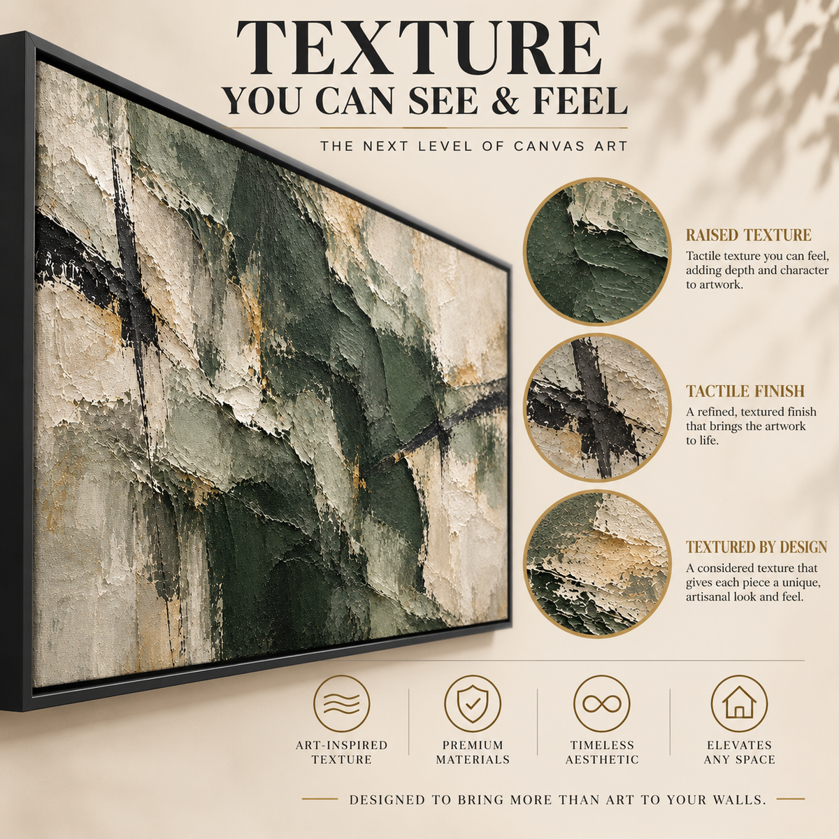 Forest Green and Ivory Textured Abstract Panoramic Canvas Art