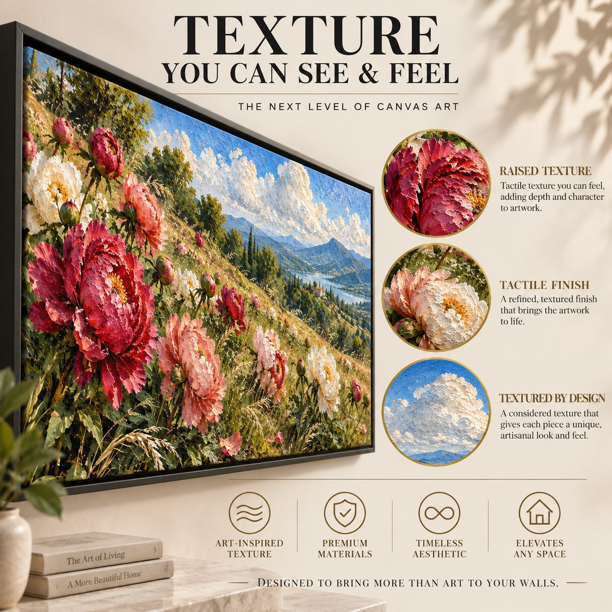 Peony Meadow Over Mountain Lake Panoramic Canvas Art