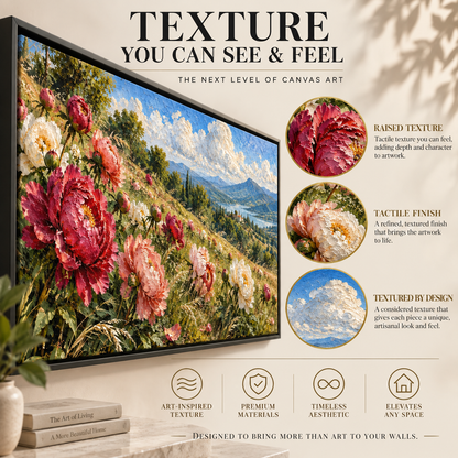 Peony Meadow Over Mountain Lake Panoramic Canvas Art