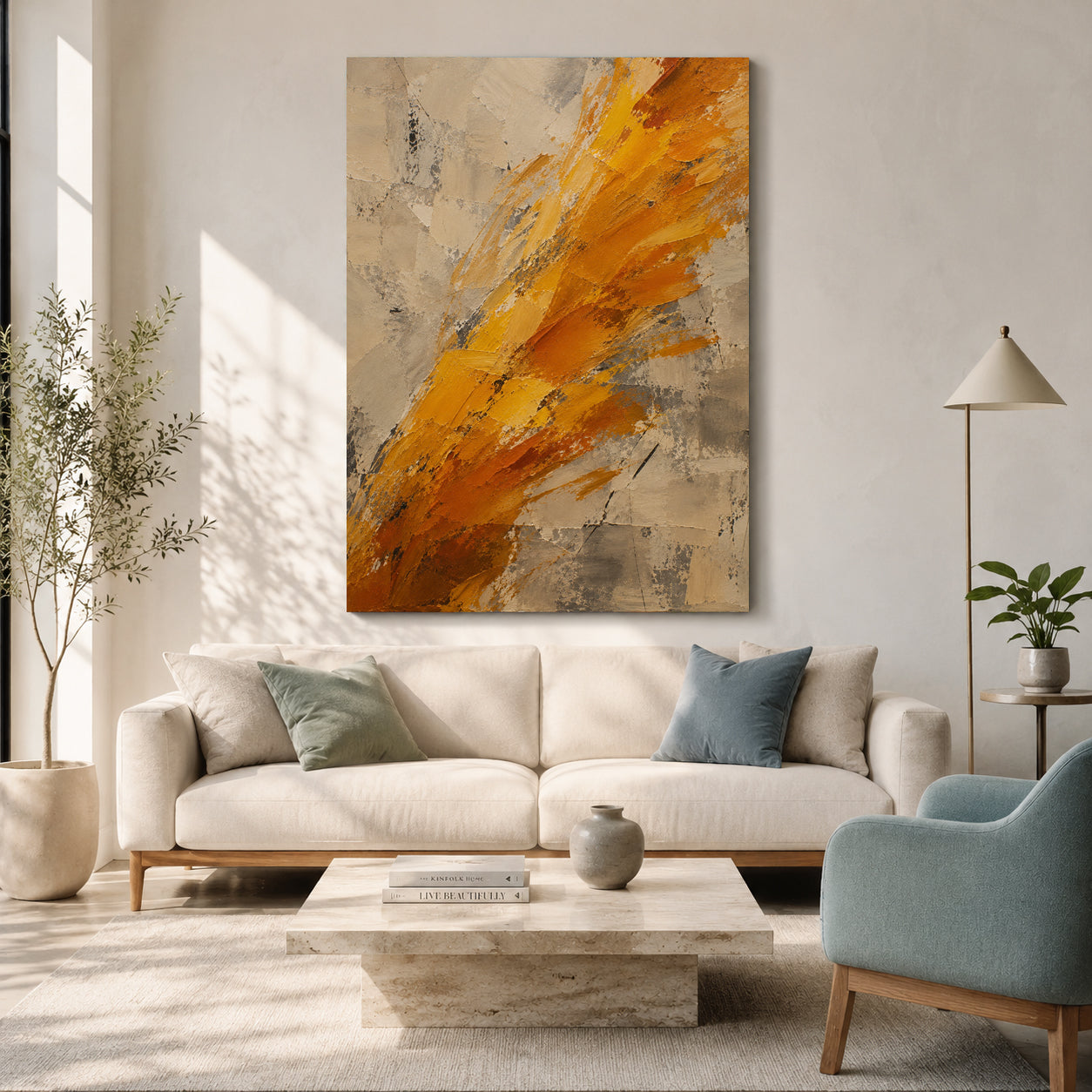 Golden Brushstrokes Abstract Canvas Art Warm Neutral Contemporary Painting