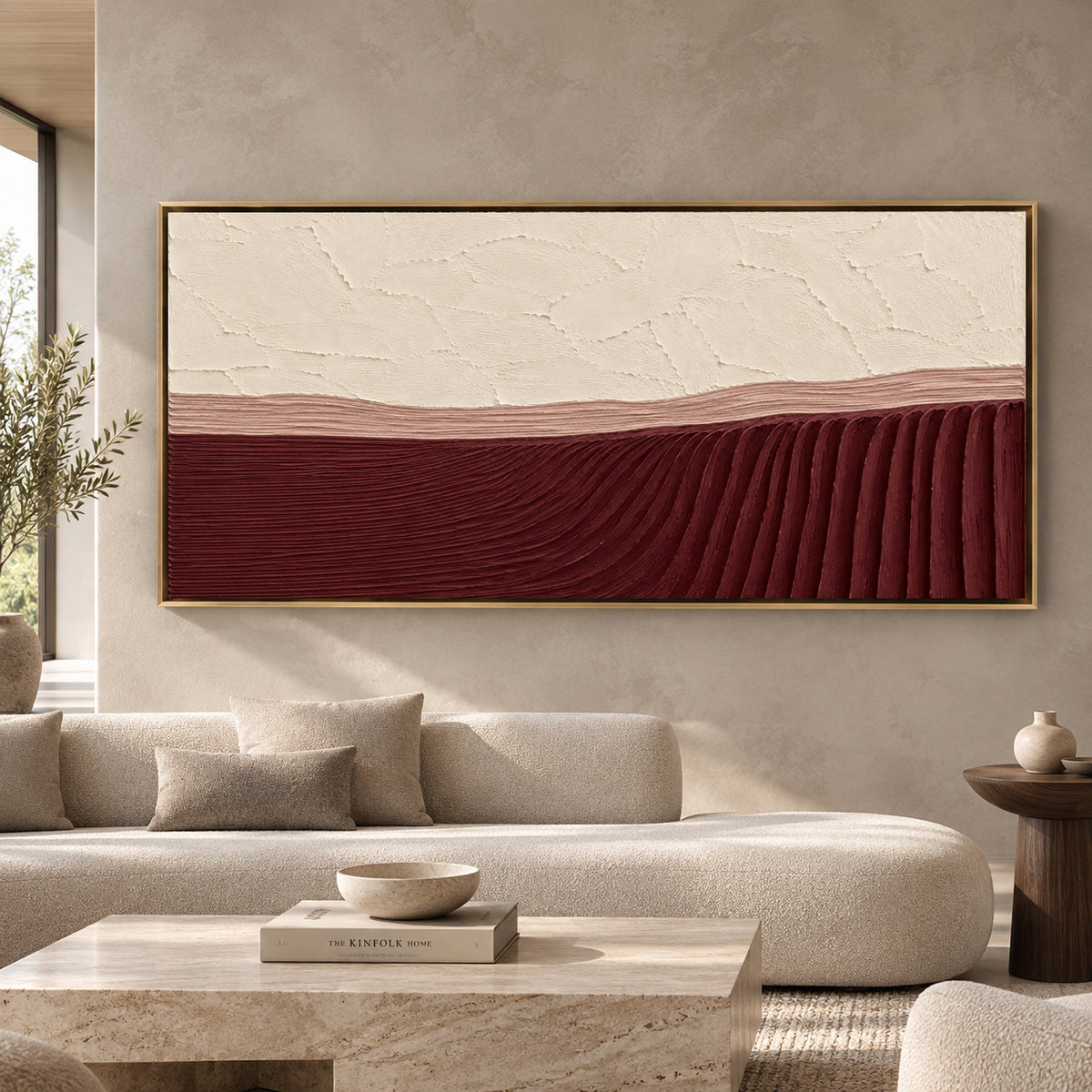 Burgundy Flow Textured Abstract Panoramic Canvas Art