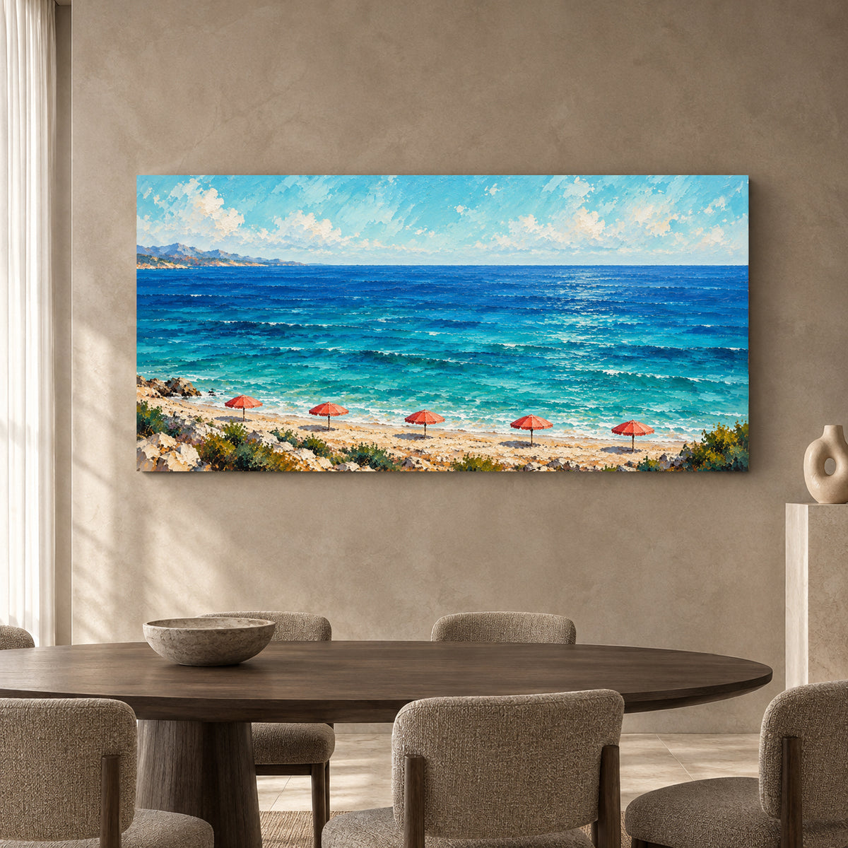Turquoise Ocean Beach Panoramic Textured Canvas Wall Art
