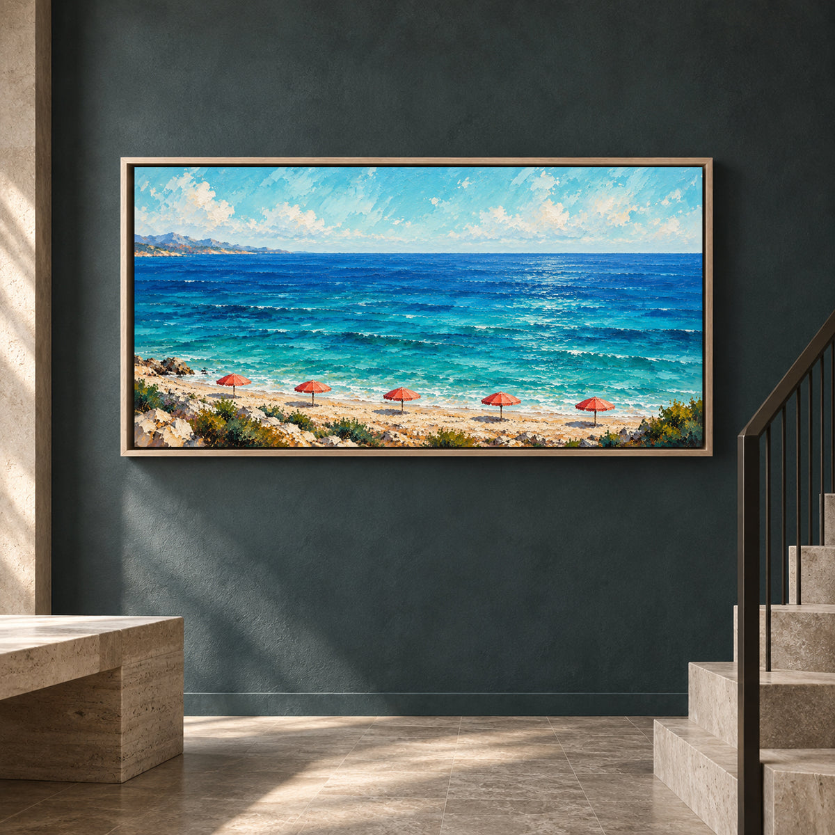 Turquoise Ocean Beach Panoramic Textured Canvas Wall Art