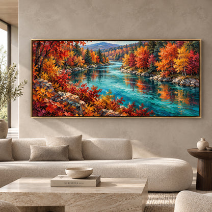Autumn River Landscape Panoramic Textured Canvas Art