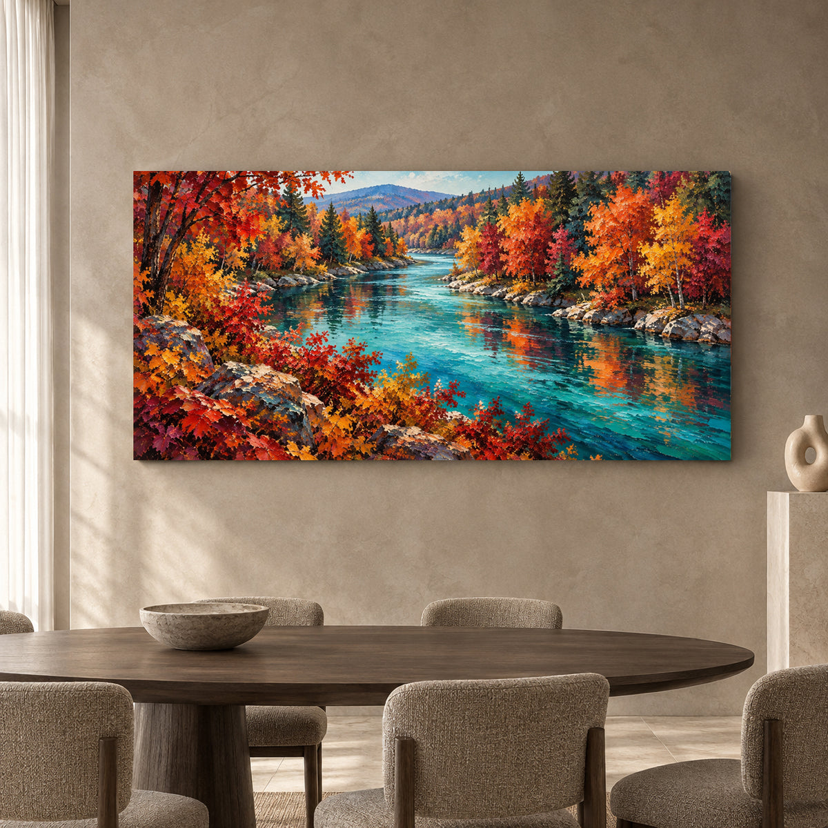Autumn River Landscape Panoramic Textured Canvas Art