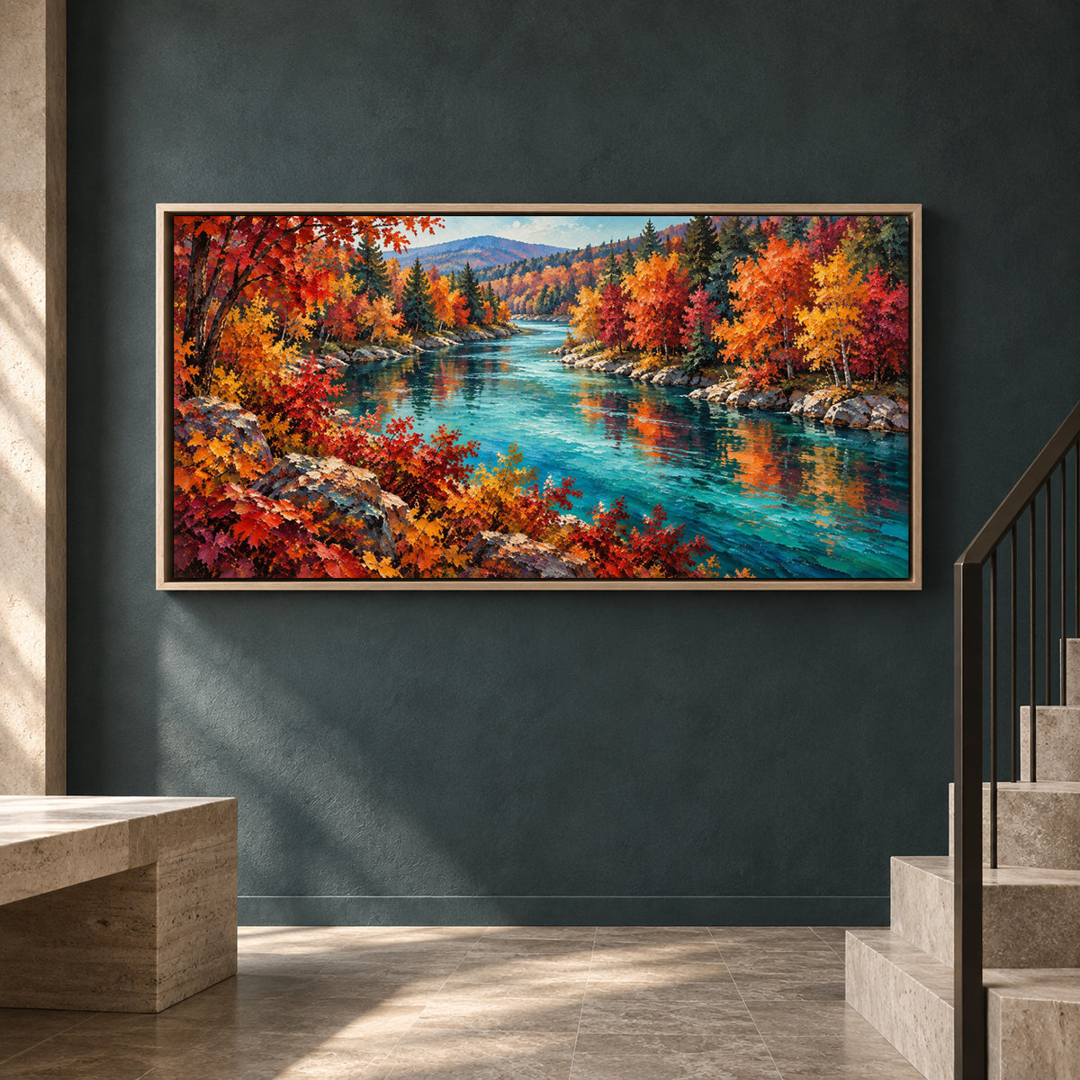 Autumn River Landscape Panoramic Textured Canvas Art