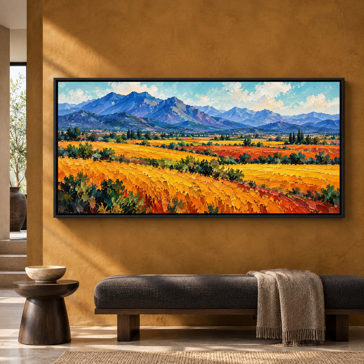 Golden Fields and Blue Mountains Landscape Canvas Art