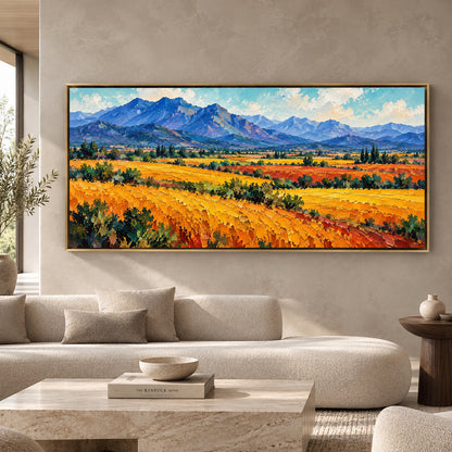 Golden Fields and Blue Mountains Landscape Canvas Art