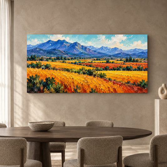 Golden Fields and Blue Mountains Landscape Canvas Art