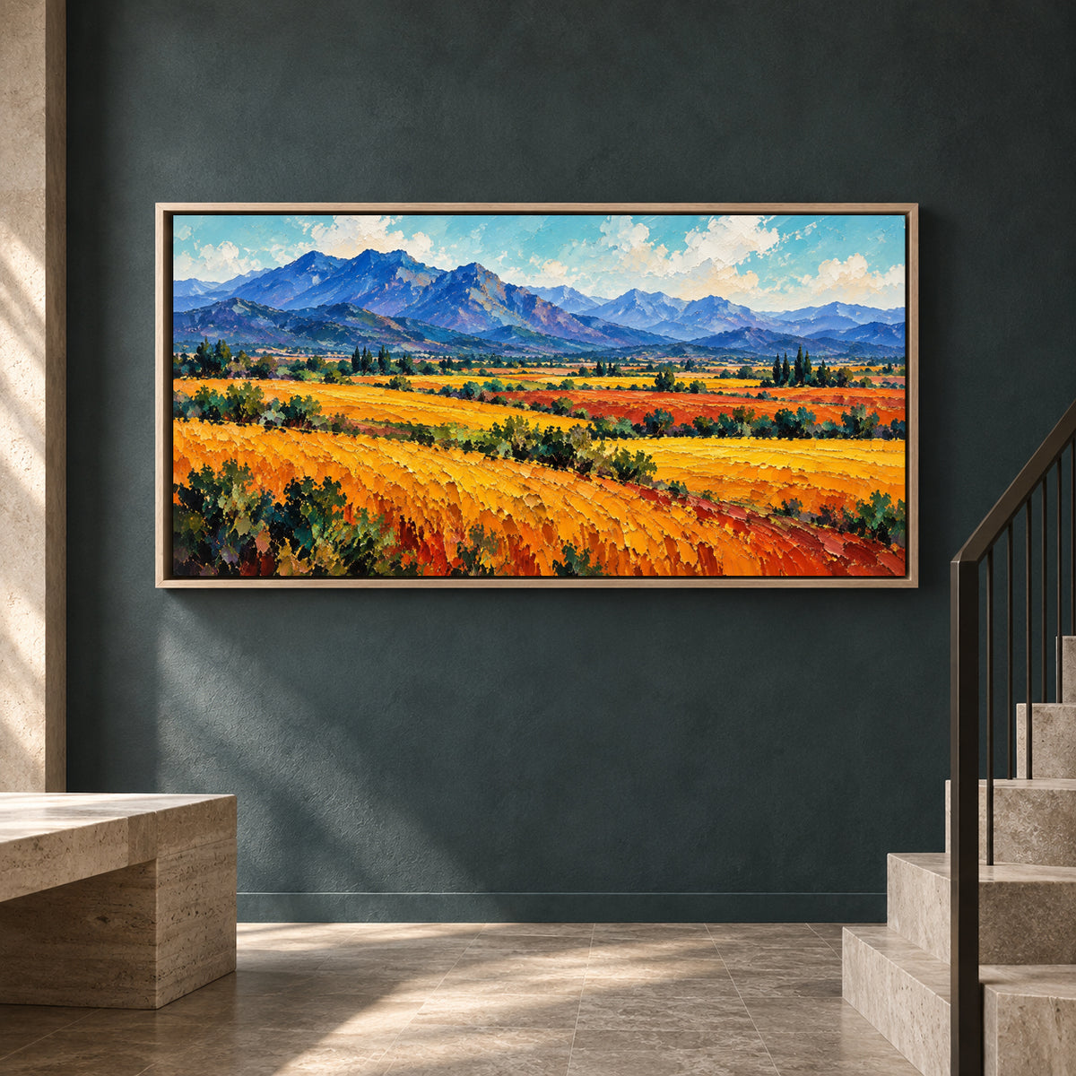 Golden Fields and Blue Mountains Landscape Canvas Art