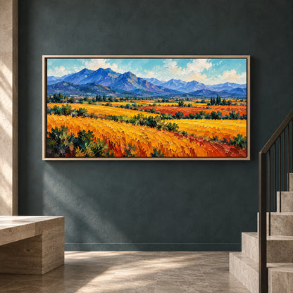 Golden Fields and Blue Mountains Landscape Canvas Art