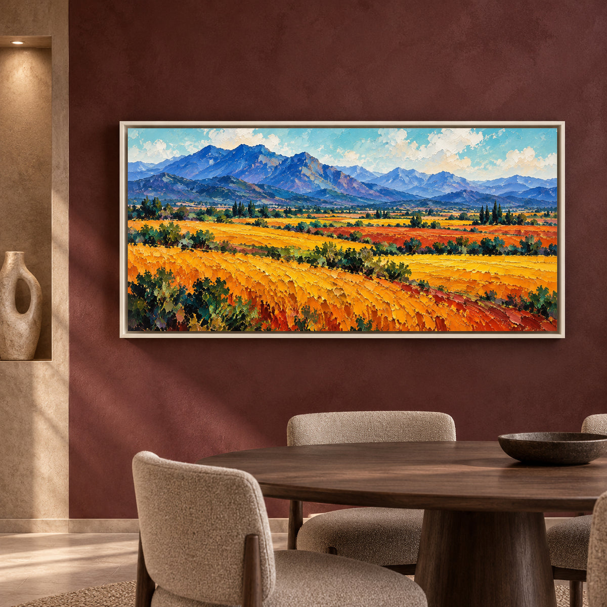 Golden Fields and Blue Mountains Landscape Canvas Art