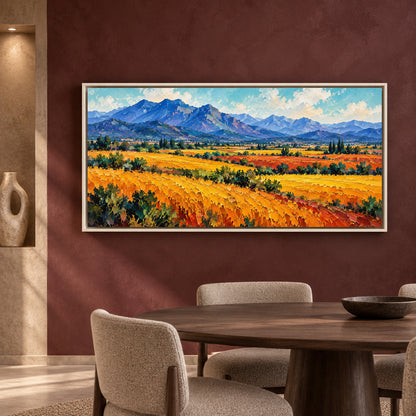 Golden Fields and Blue Mountains Landscape Canvas Art