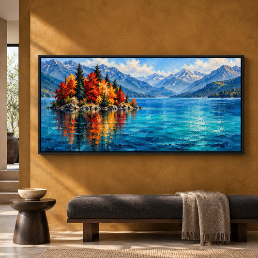Autumn Island and Blue Mountain Lake Panoramic Canvas Art