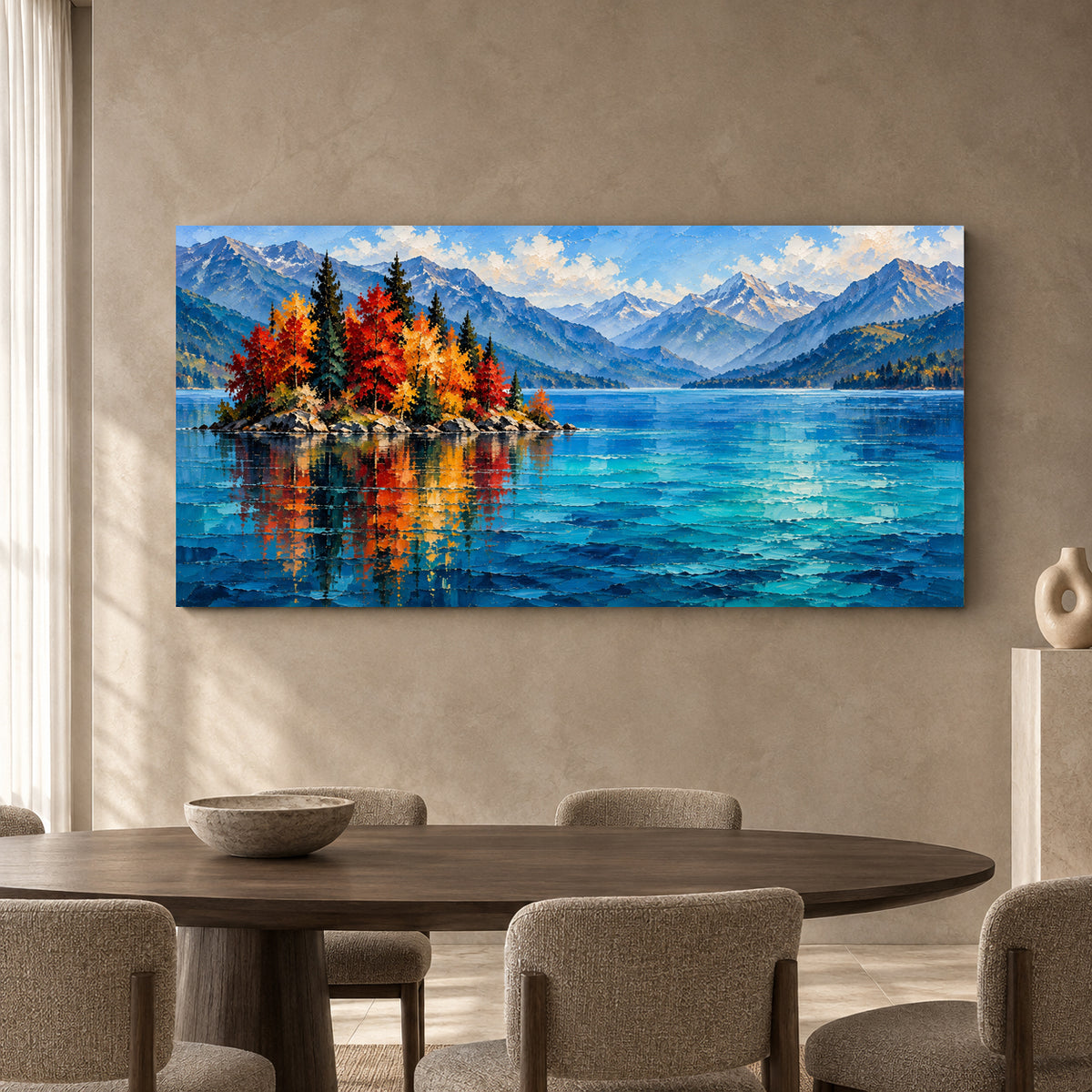 Autumn Island and Blue Mountain Lake Panoramic Canvas Art