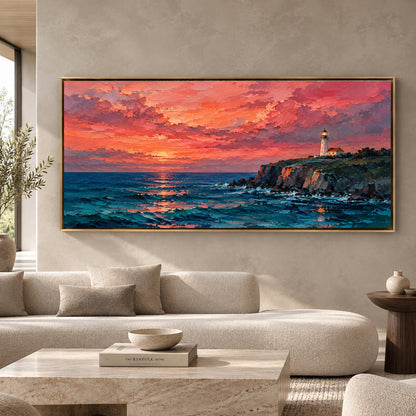 Sunset Lighthouse Seascape Panoramic Canvas Wall Art