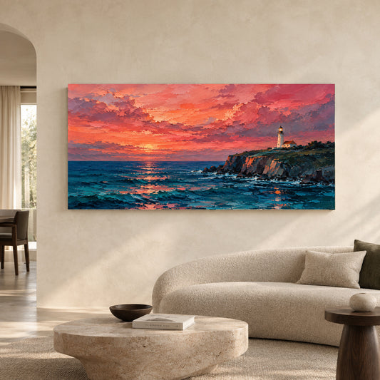 Sunset Lighthouse Seascape Panoramic Canvas Wall Art