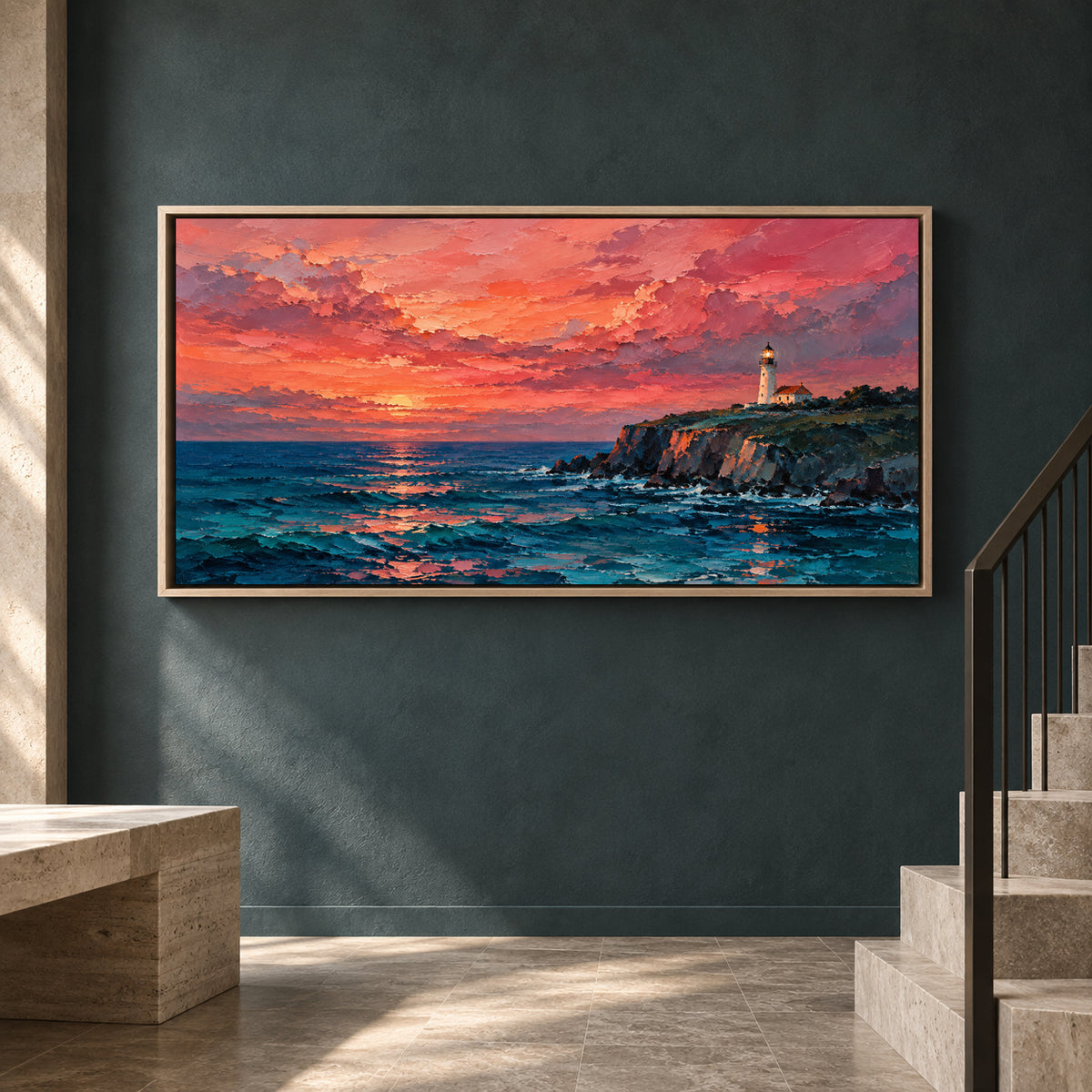 Sunset Lighthouse Seascape Panoramic Canvas Wall Art
