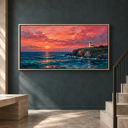 Sunset Lighthouse Seascape Panoramic Canvas Wall Art