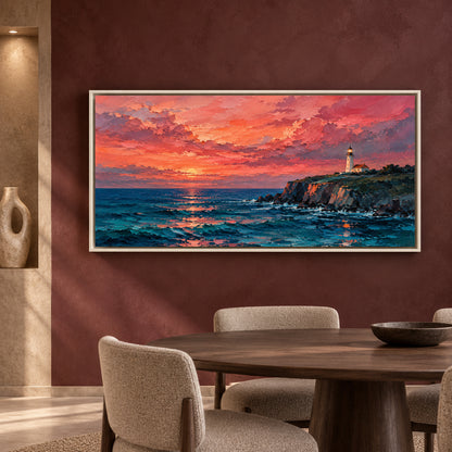 Sunset Lighthouse Seascape Panoramic Canvas Wall Art
