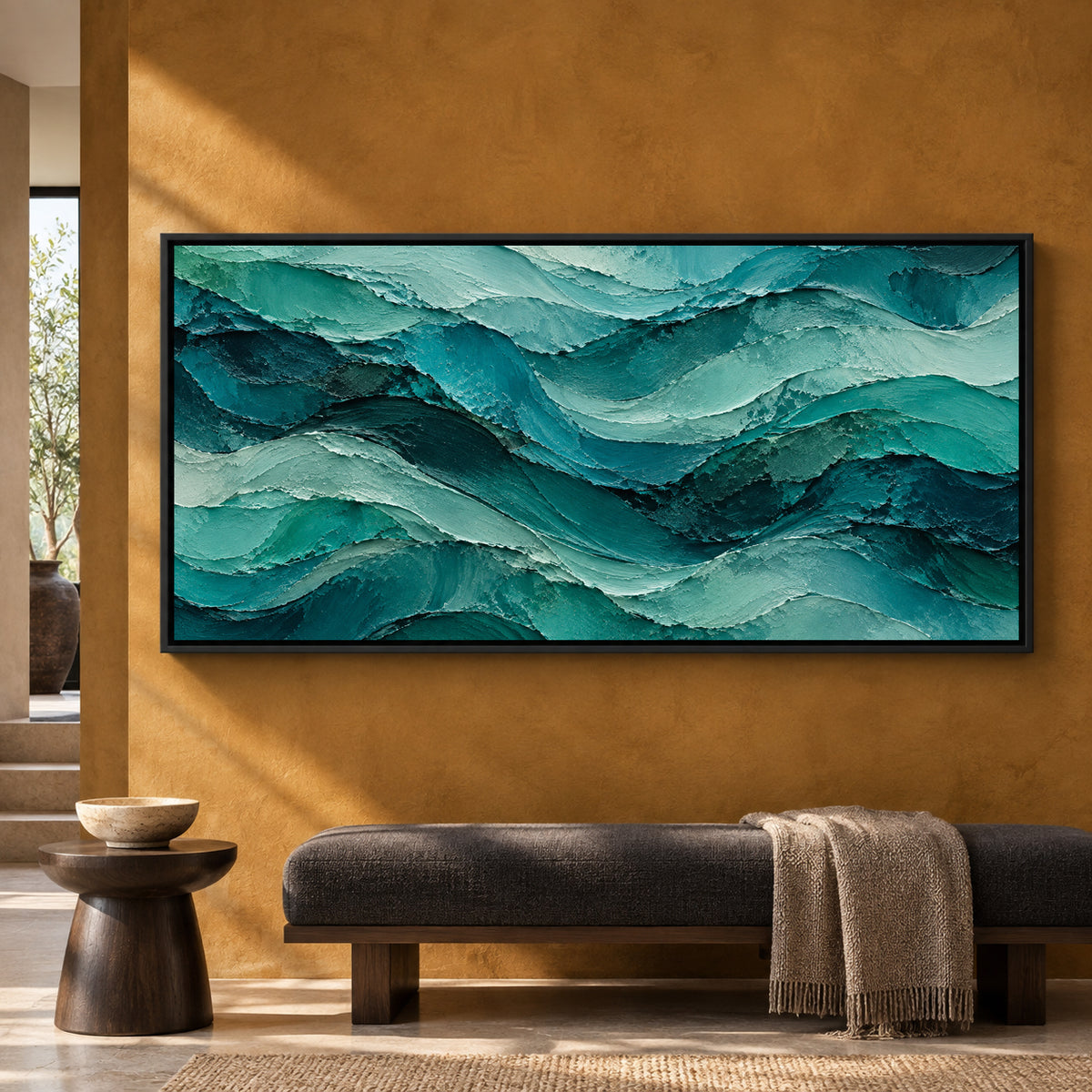 Teal Ocean Waves Textured Abstract Panoramic Canvas Art
