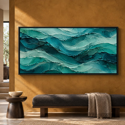 Teal Ocean Waves Textured Abstract Panoramic Canvas Art