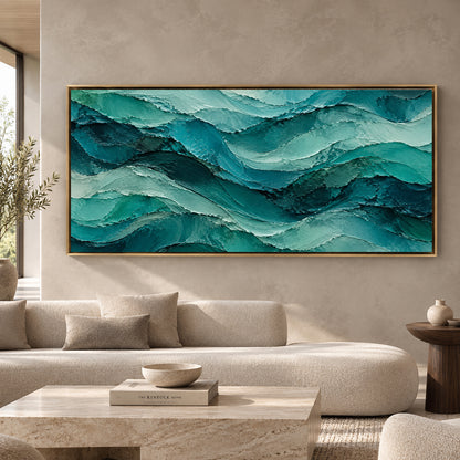 Teal Ocean Waves Textured Abstract Panoramic Canvas Art