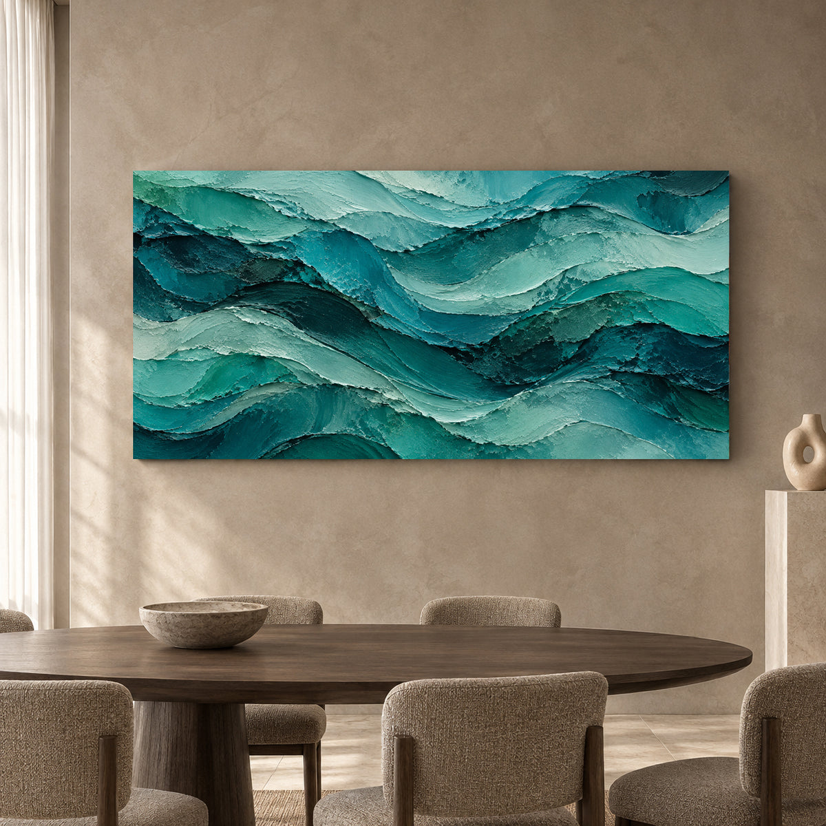 Teal Ocean Waves Textured Abstract Panoramic Canvas Art