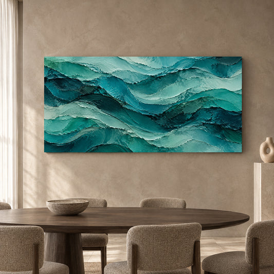 Teal Ocean Waves Textured Abstract Panoramic Canvas Art