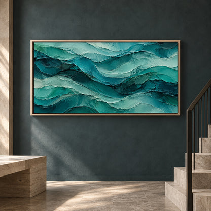 Teal Ocean Waves Textured Abstract Panoramic Canvas Art