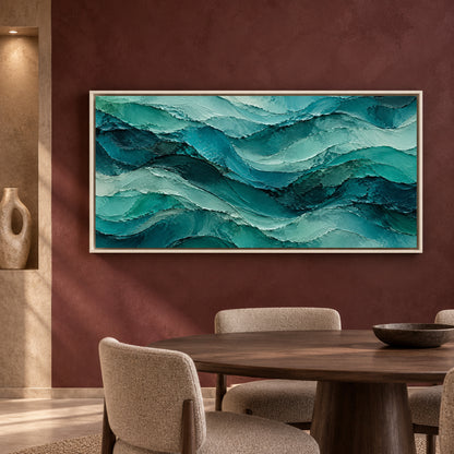 Teal Ocean Waves Textured Abstract Panoramic Canvas Art