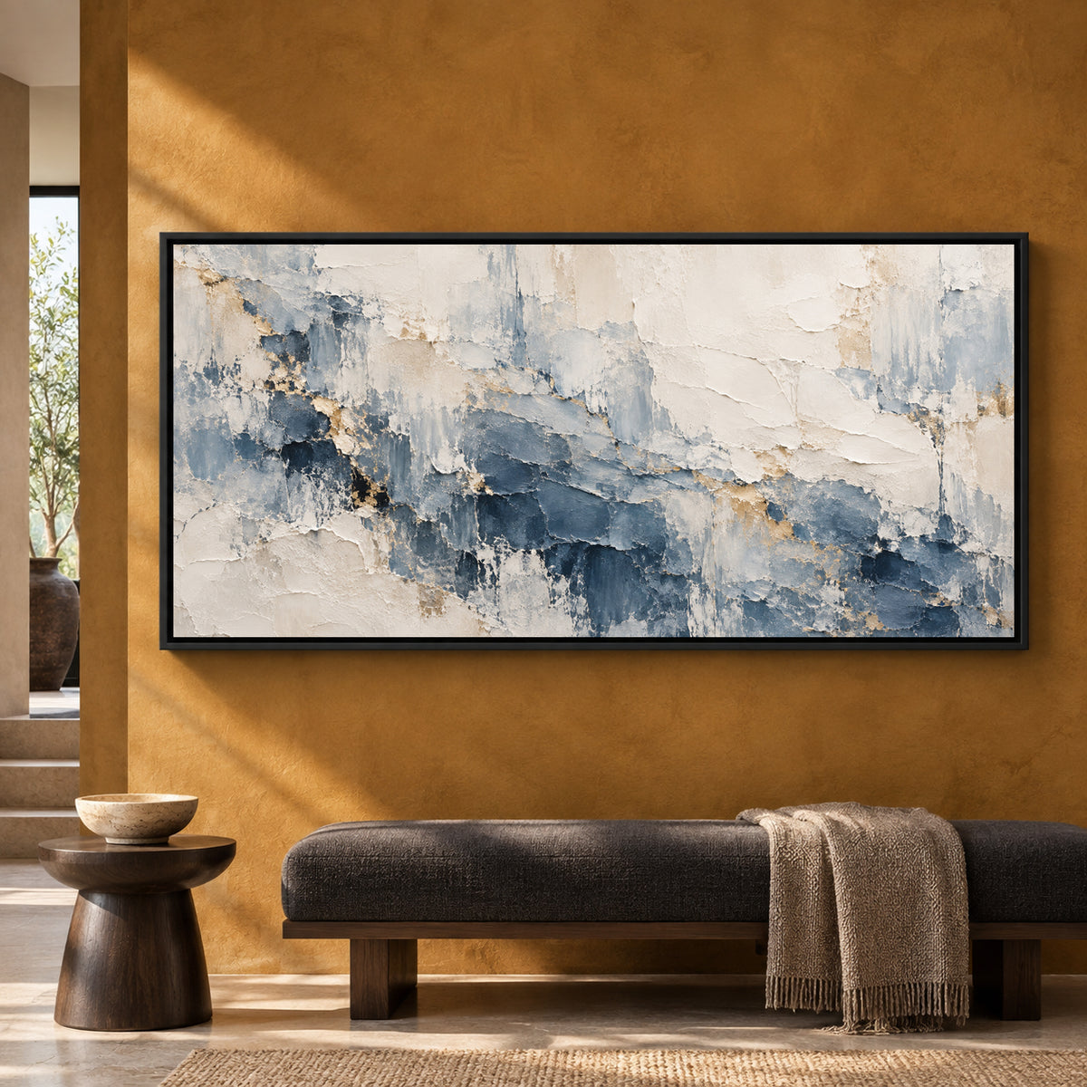 Blue and Ivory Textured Abstract Panoramic Canvas Art