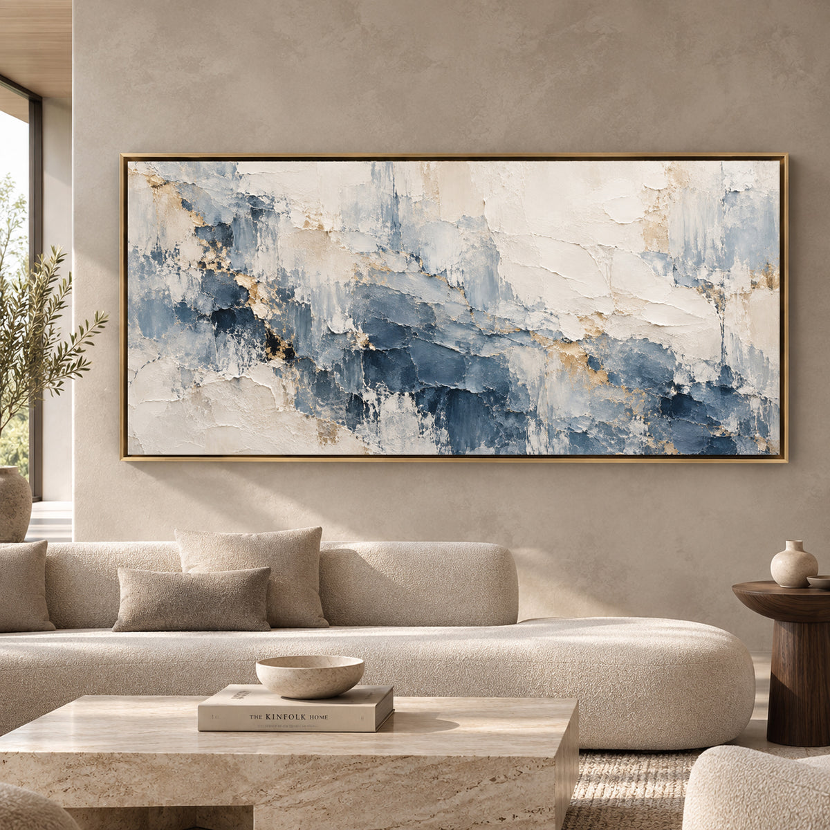 Blue and Ivory Textured Abstract Panoramic Canvas Art