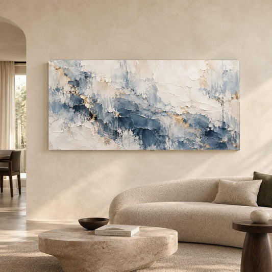 Blue and Ivory Textured Abstract Panoramic Canvas Art