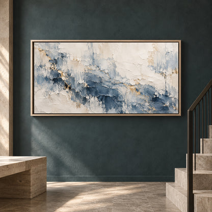 Blue and Ivory Textured Abstract Panoramic Canvas Art