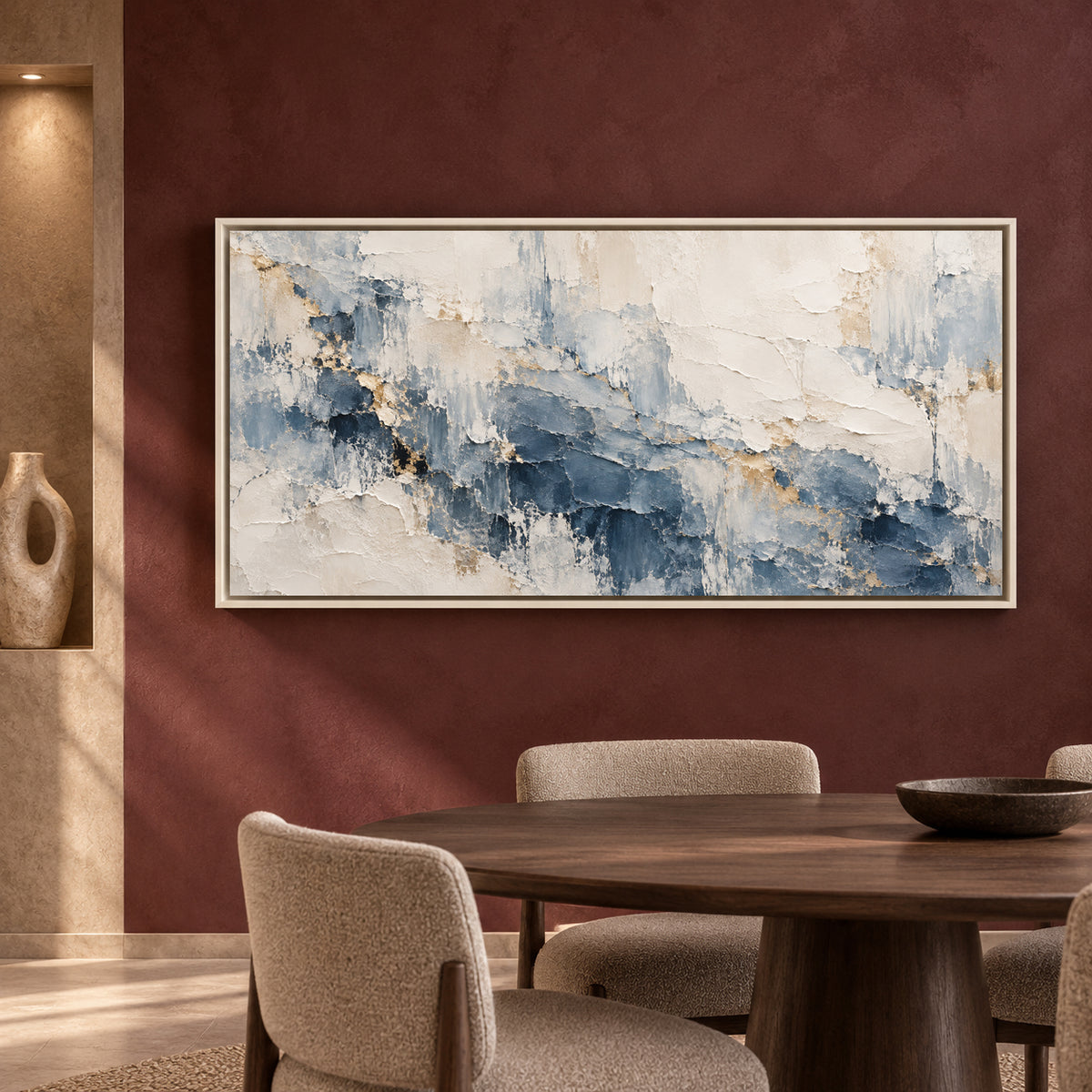 Blue and Ivory Textured Abstract Panoramic Canvas Art