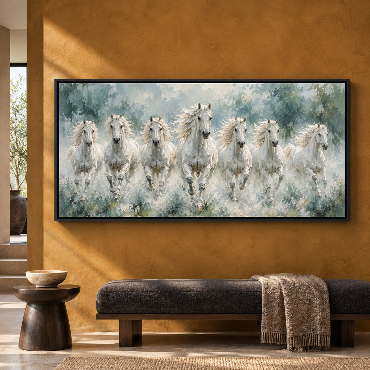Seven Running White Horses Textured Canvas Wall Art