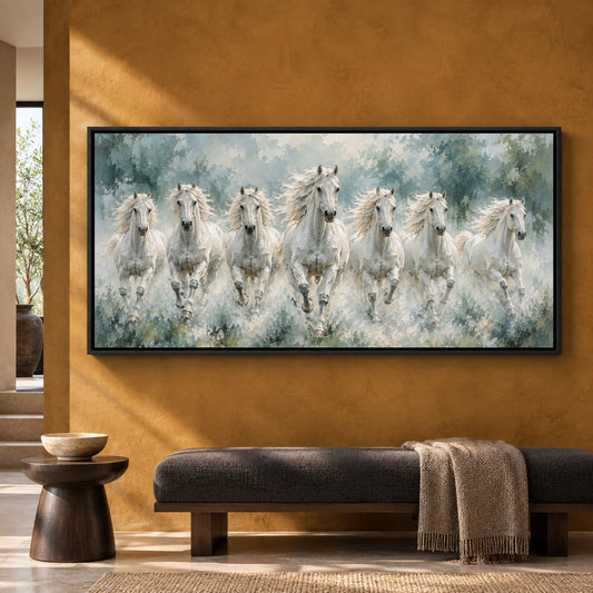 Seven Running White Horses Textured Canvas Wall Art