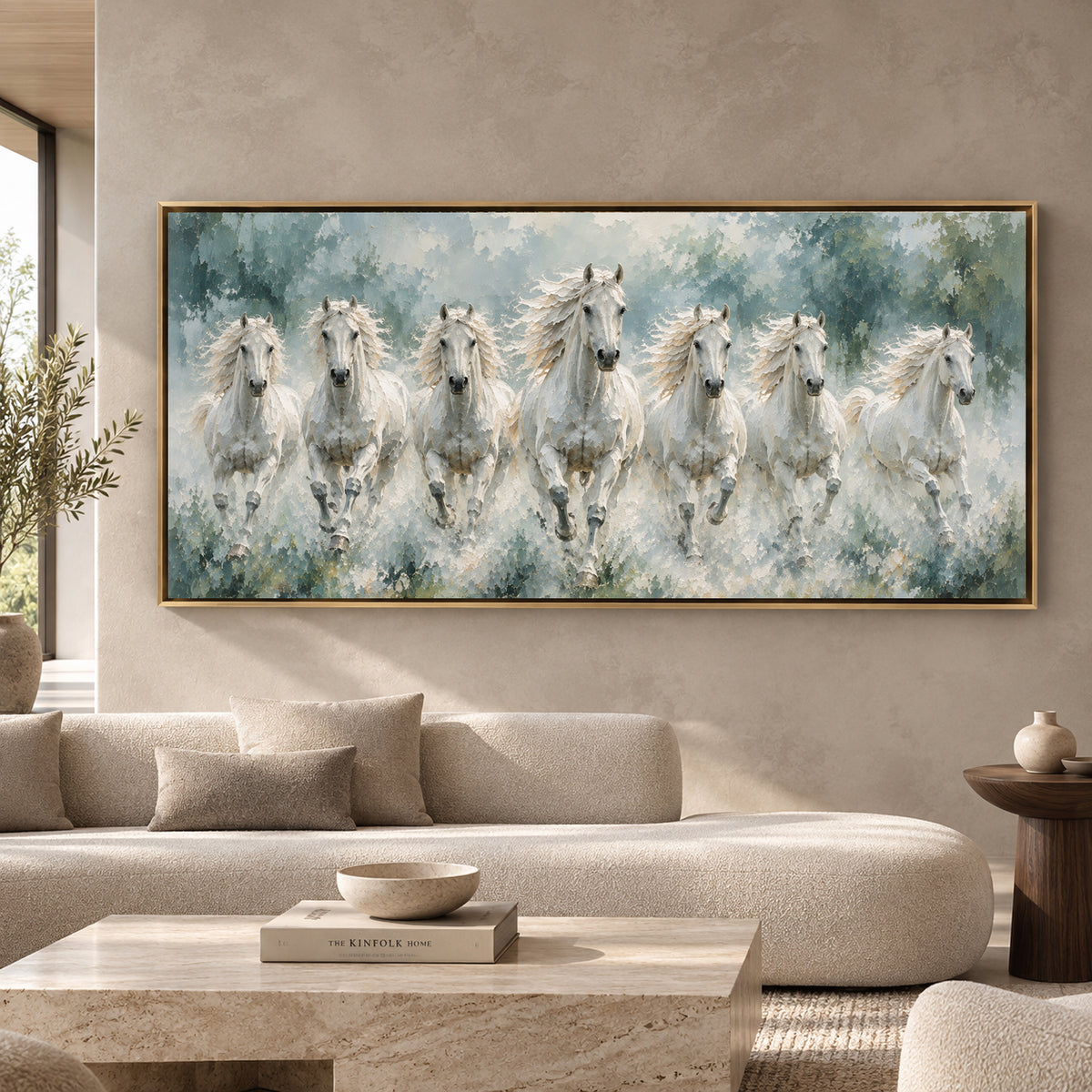 Seven Running White Horses Textured Canvas Wall Art