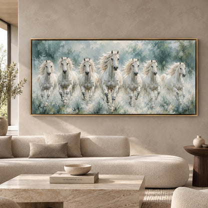 Seven Running White Horses Textured Canvas Wall Art
