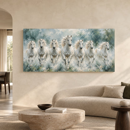Seven Running White Horses Textured Canvas Wall Art