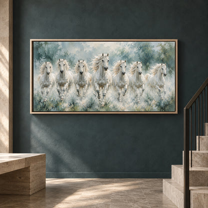 Seven Running White Horses Textured Canvas Wall Art