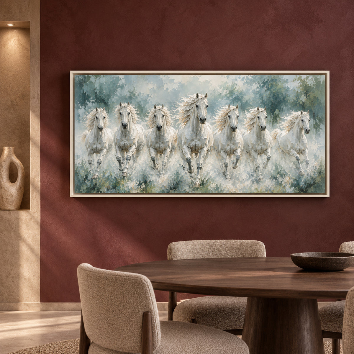 Seven Running White Horses Textured Canvas Wall Art
