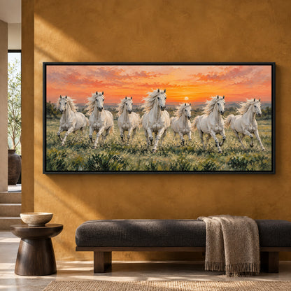 White Horses at Sunset Panoramic Textured Canvas Art