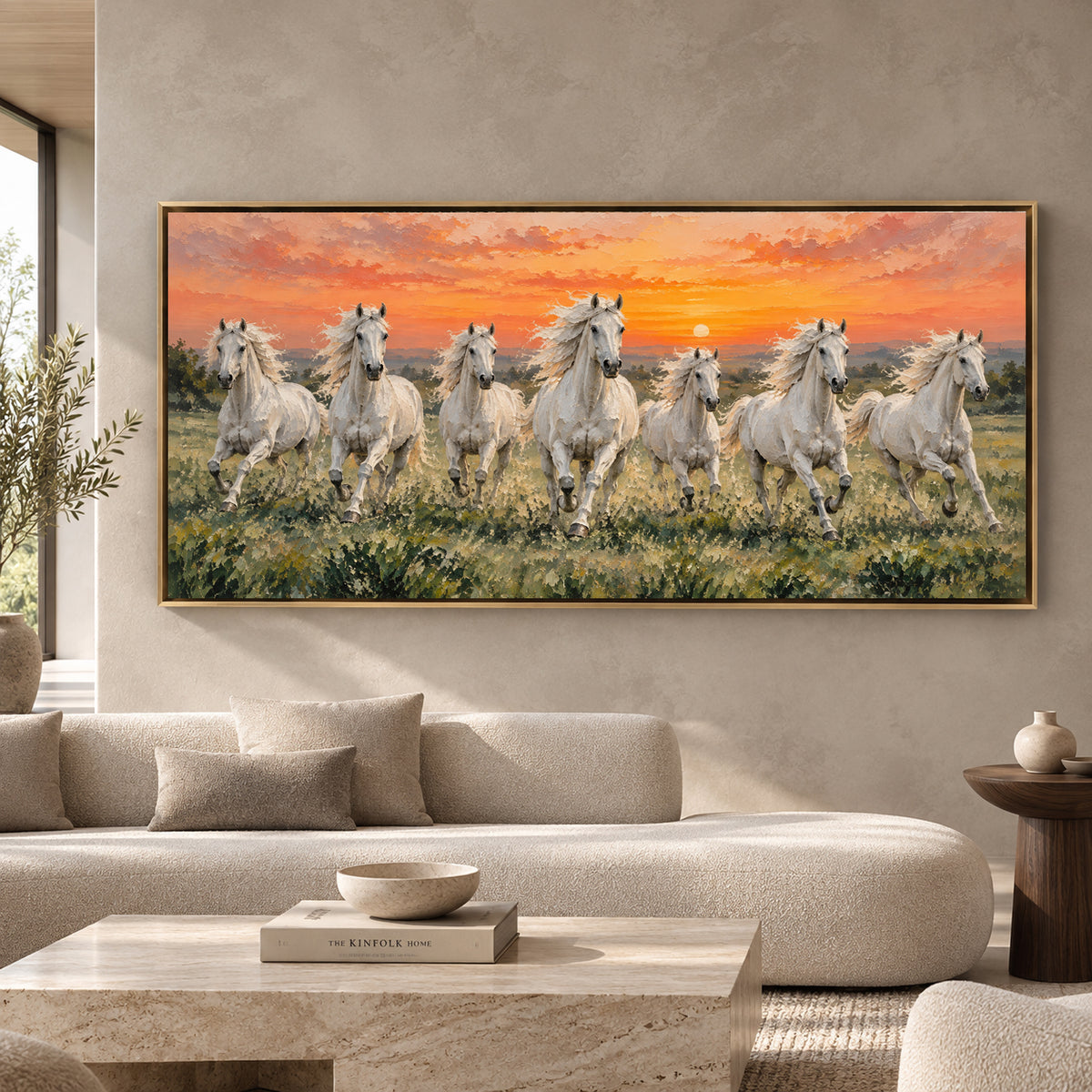 White Horses at Sunset Panoramic Textured Canvas Art