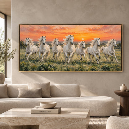 White Horses at Sunset Panoramic Textured Canvas Art