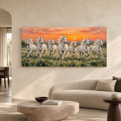 White Horses at Sunset Panoramic Textured Canvas Art